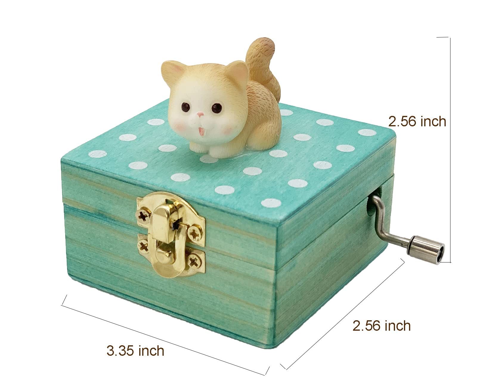 Gift Wrapped Mini Wooden Hand Crank Music Box with Lovely Cat (Tune: Castle in view 4