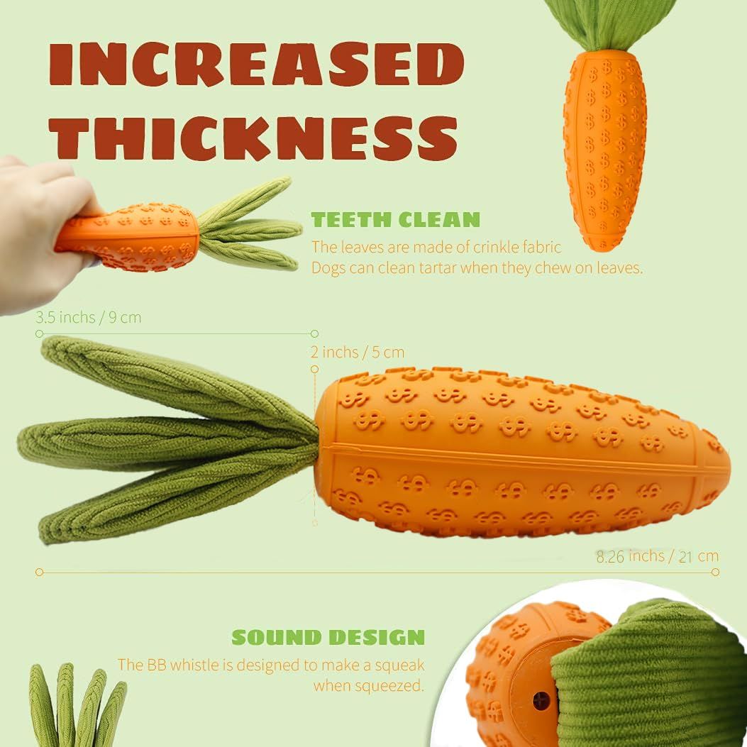 Dog Chew Toy, Carrot Dog Squeaky Toys for Aggressive Chewers, Natural Rubber view 3