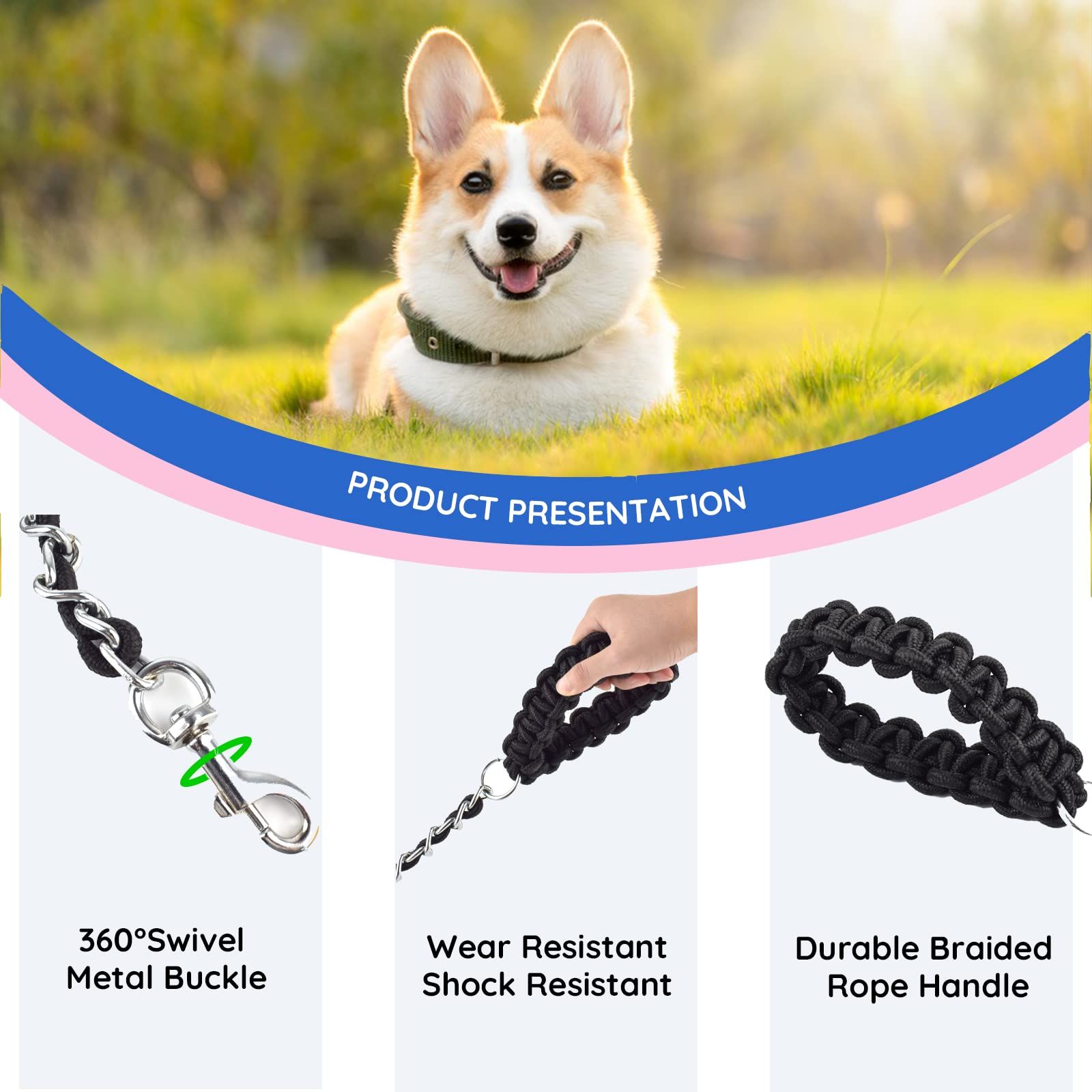 Heavy Duty Dog Leashes Metal Pet Chain Lead with Soft Rope Handle for Medium view 3