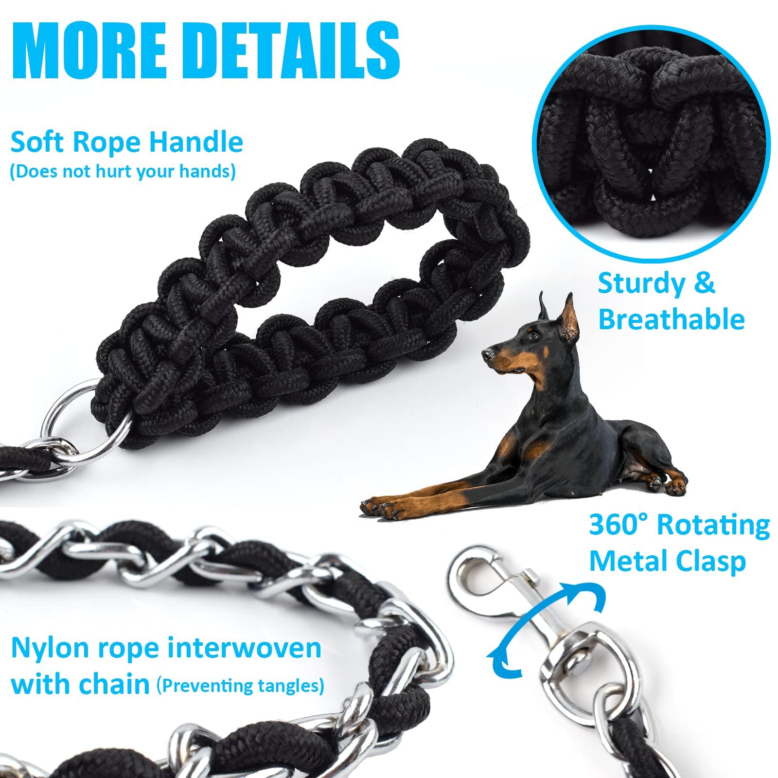 Heavy Duty Dog Leashes Metal Pet Chain Lead with Soft Rope Handle for Medium view 4