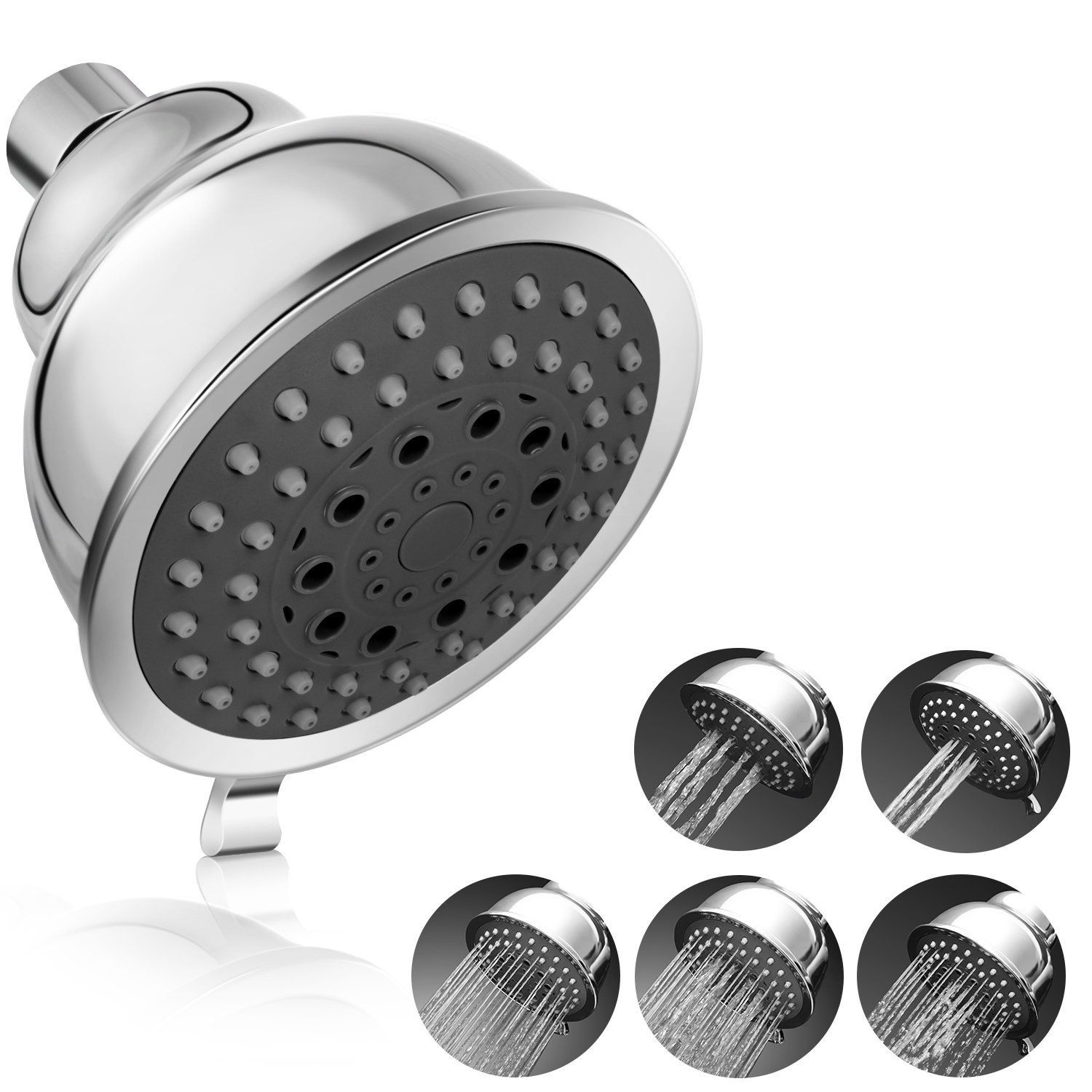 High Pressure Shower Head - 4 Inches Rain Showerhead - 5 Spray Settings