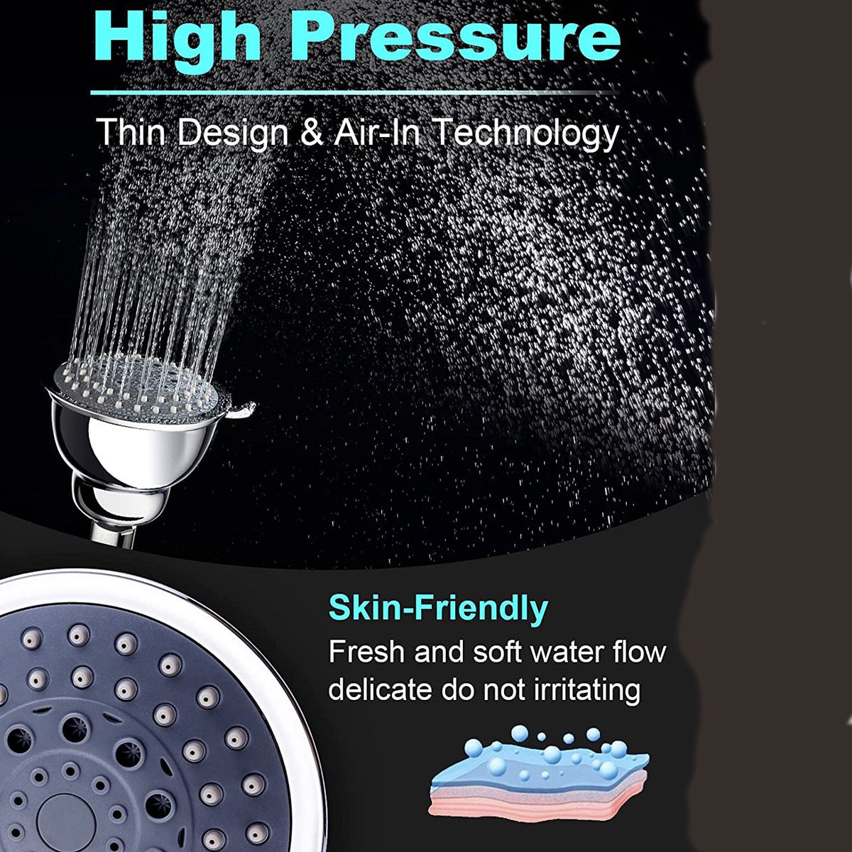 High Pressure Shower Head - 4 Inches Rain Showerhead - 5 Spray Settings view 3