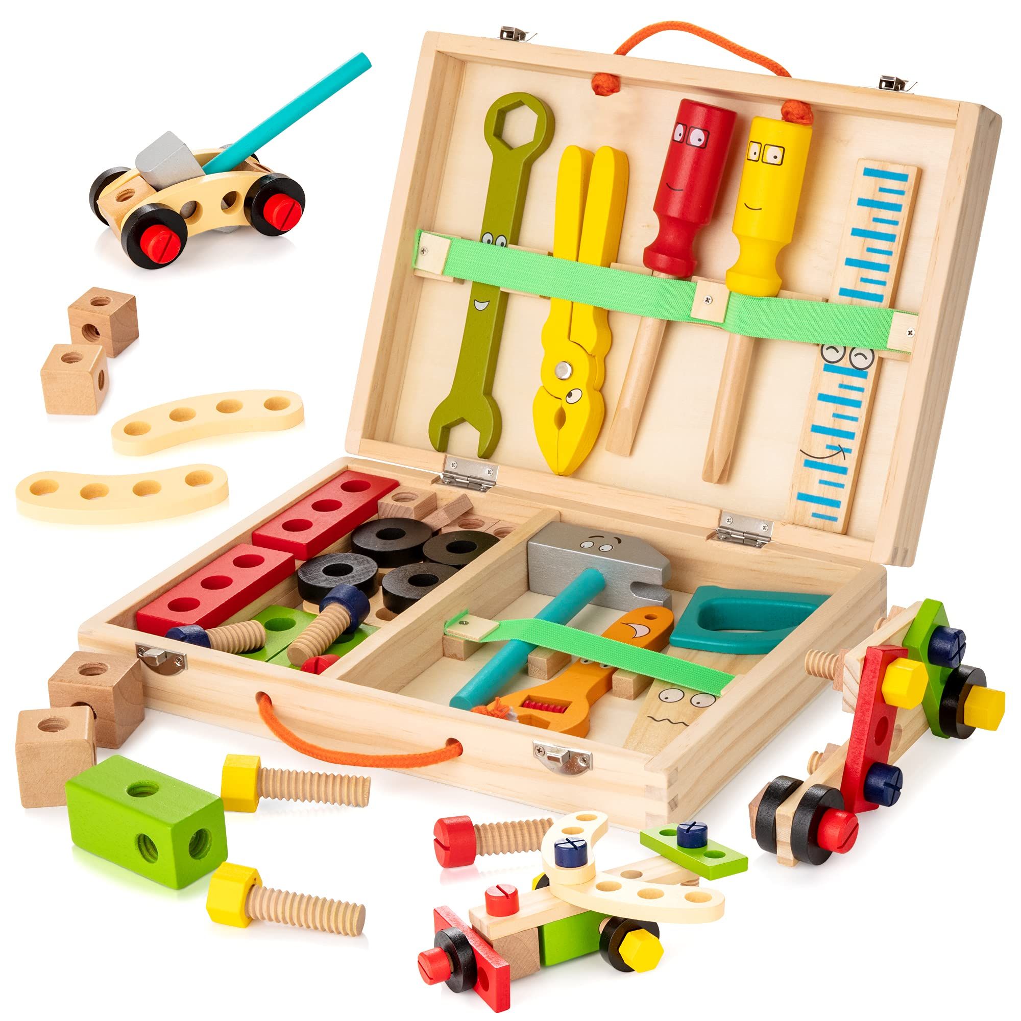 Tool Kit for Kids, Wooden Toddler Tools Set Including Tool Box & DIY Stickers