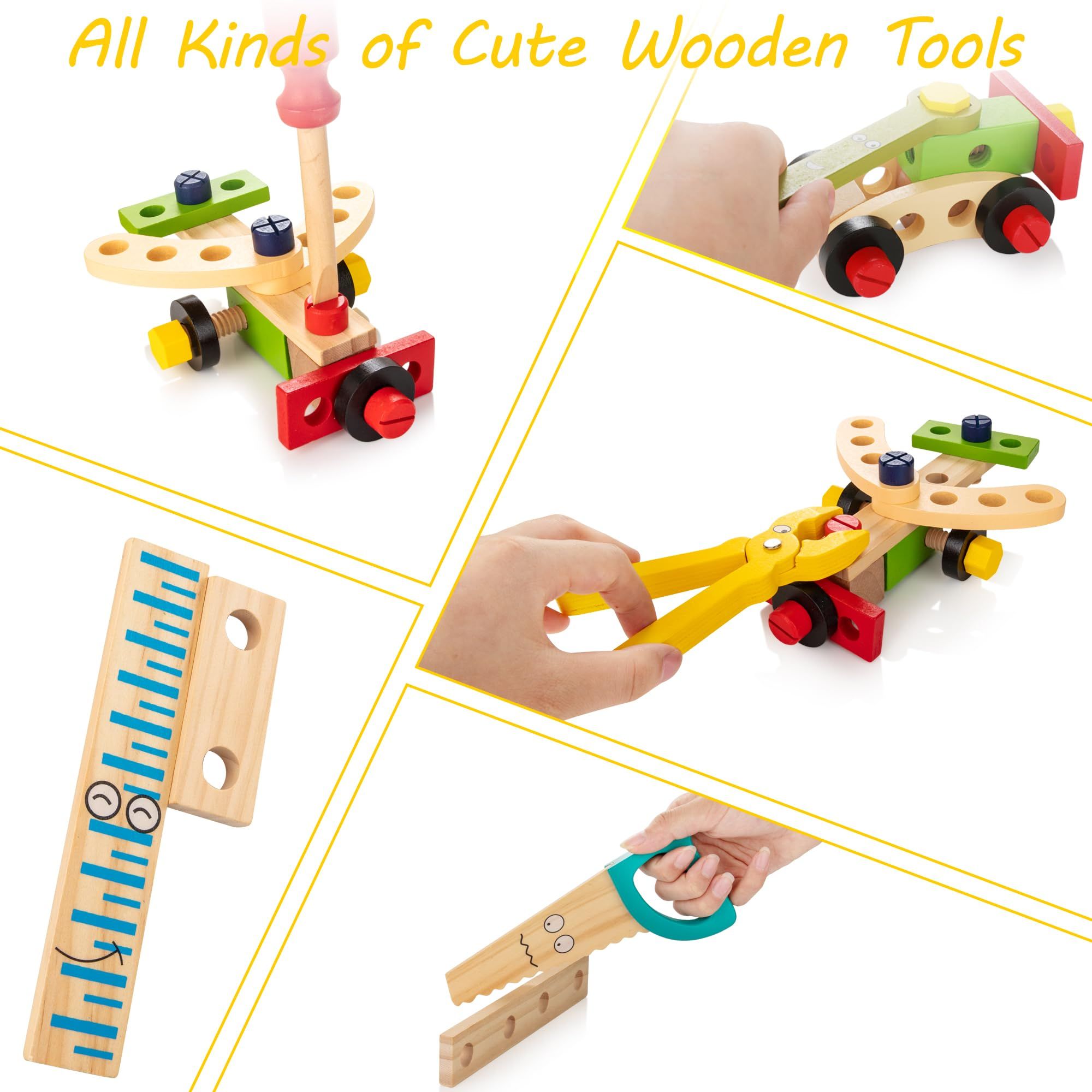 Tool Kit for Kids, Wooden Toddler Tools Set Including Tool Box & DIY Stickers view 3
