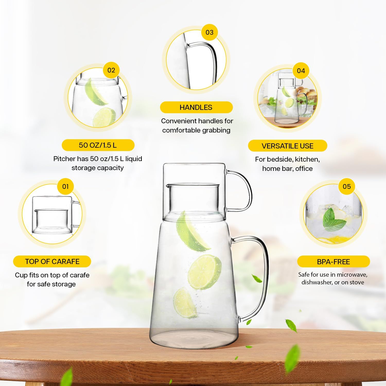 Glass Pitcher with Lid – Multifunctional Bedside Water Carafe and Glass Set view 5