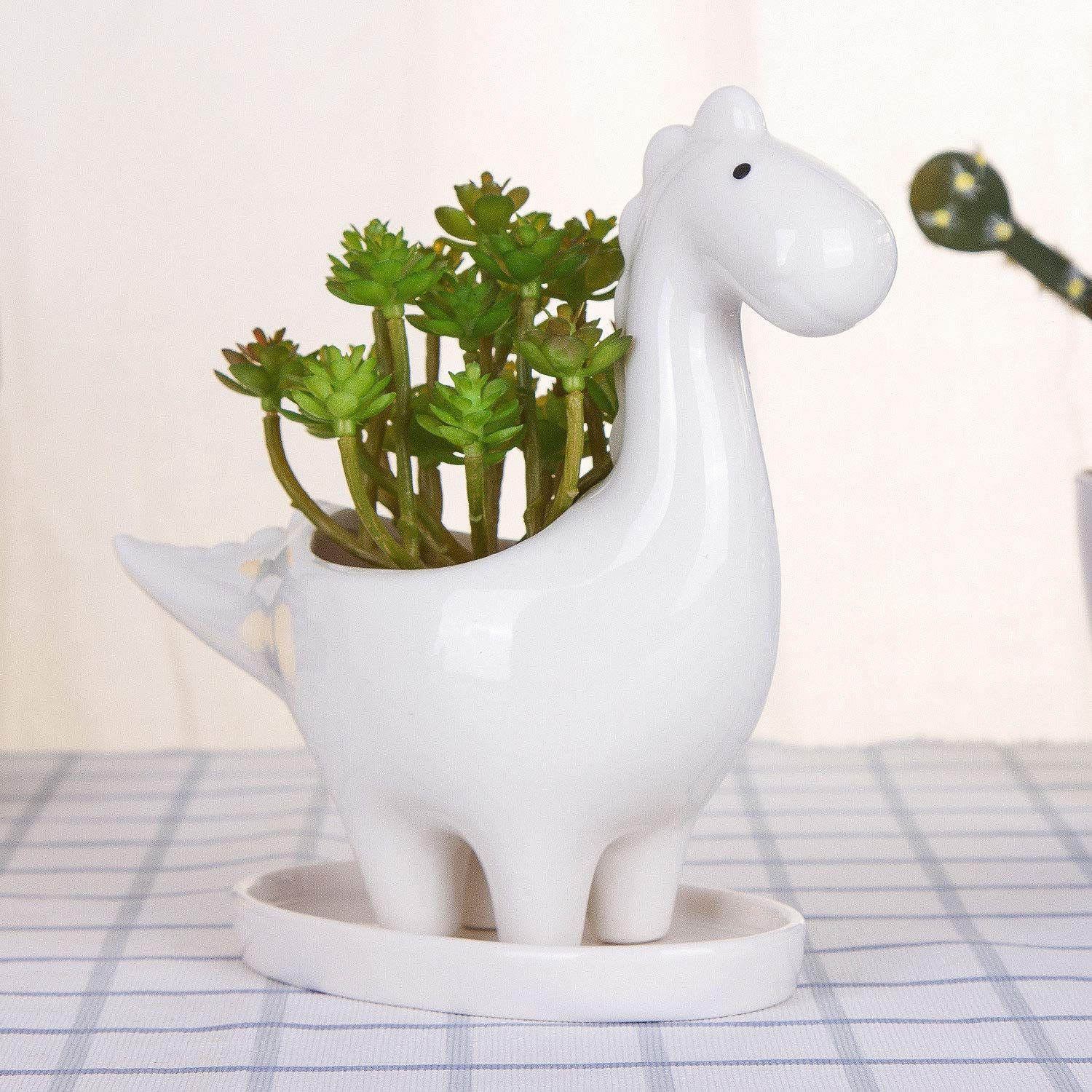 Desktop Cute Cartoon Herbivorous Dinosaur White Ceramic Succulent Pot with Tray view 3