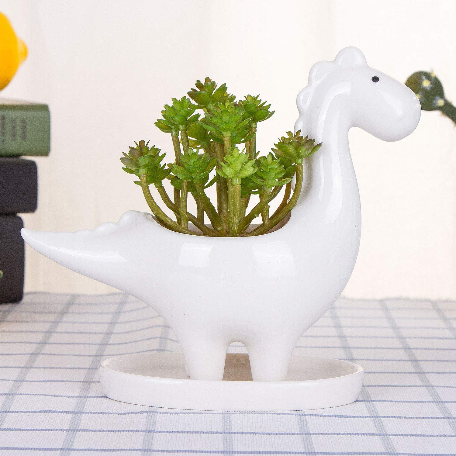 Desktop Cute Cartoon Herbivorous Dinosaur White Ceramic Succulent Pot with Tray view 4