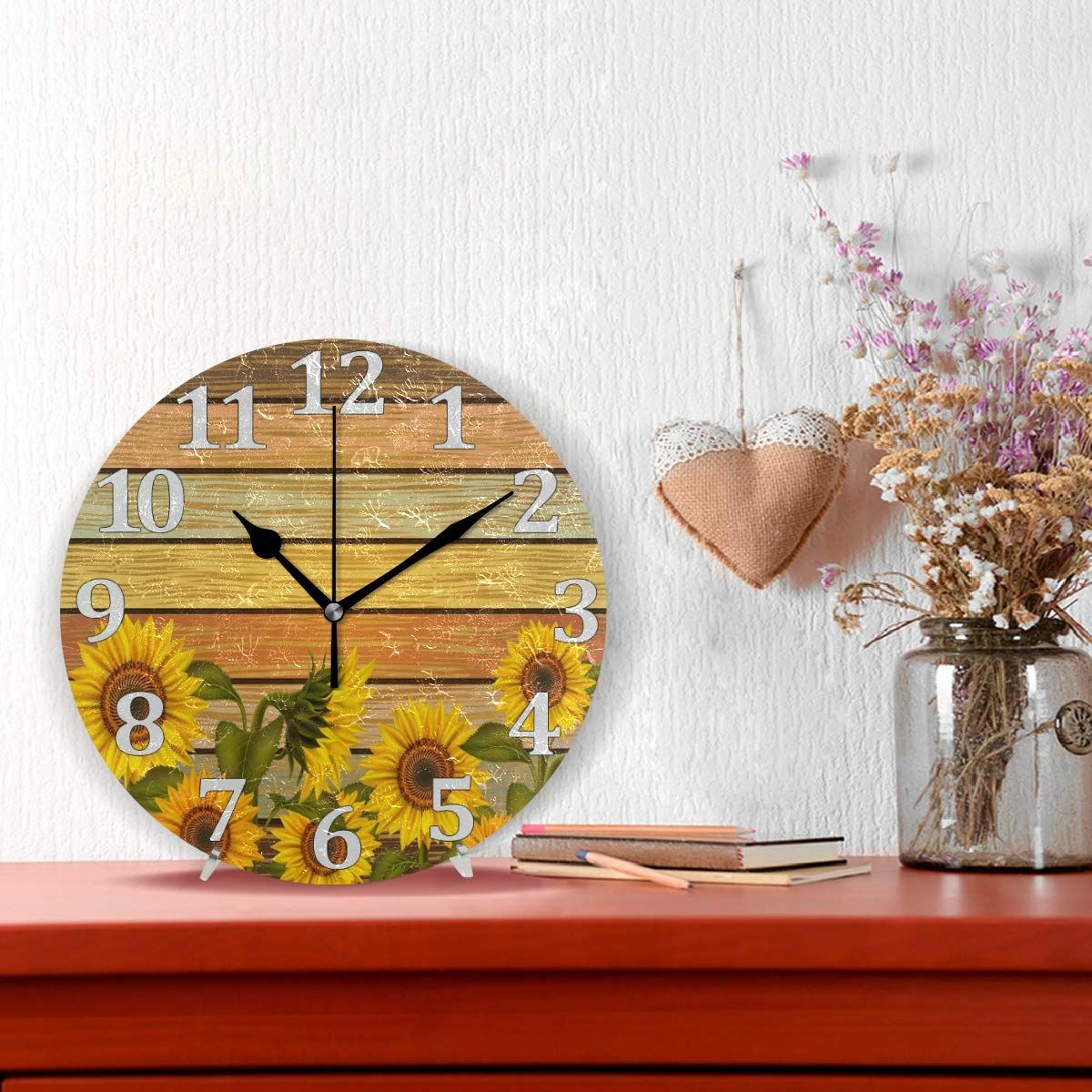 Sunflower Wall Clock Vintage Round Bee Silent Non Ticking Battery Operated view 2