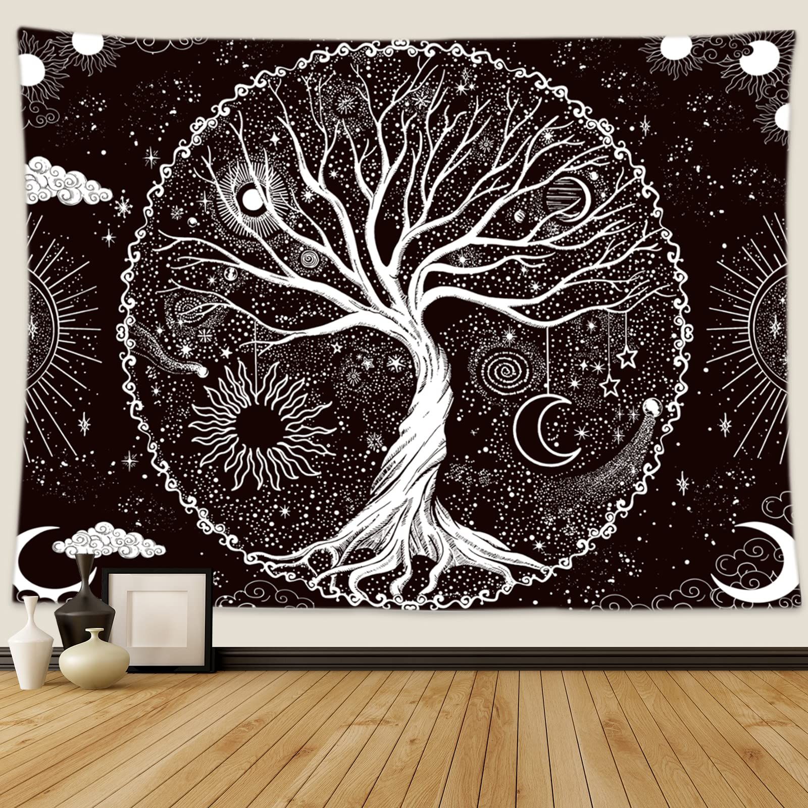 Tree of Life Tapestry,Black and White Galaxy Space Tapestries Aesthetic view 2