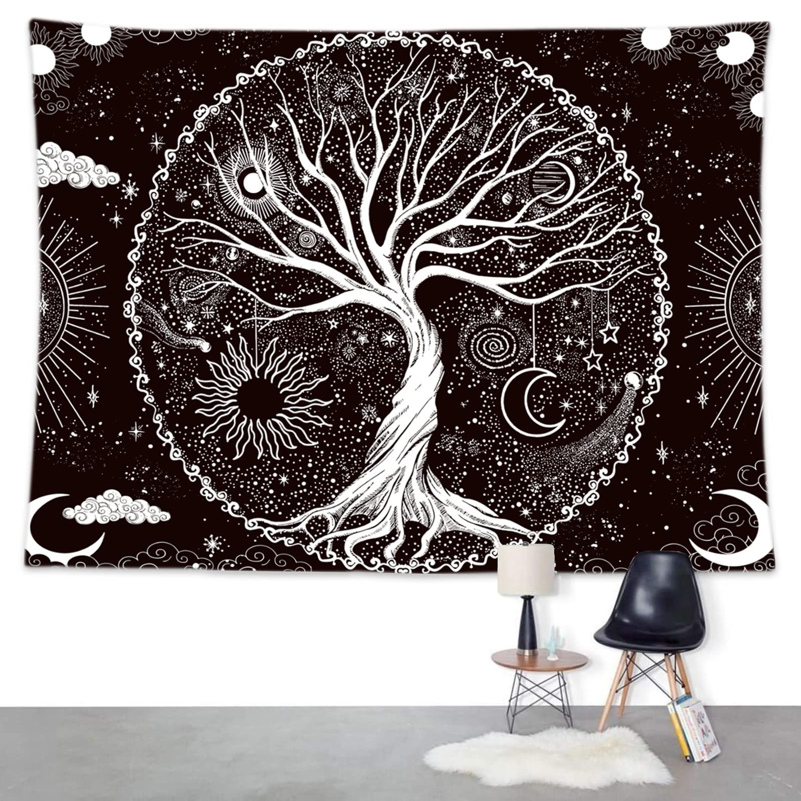 Tree of Life Tapestry,Black and White Galaxy Space Tapestries Aesthetic view 3