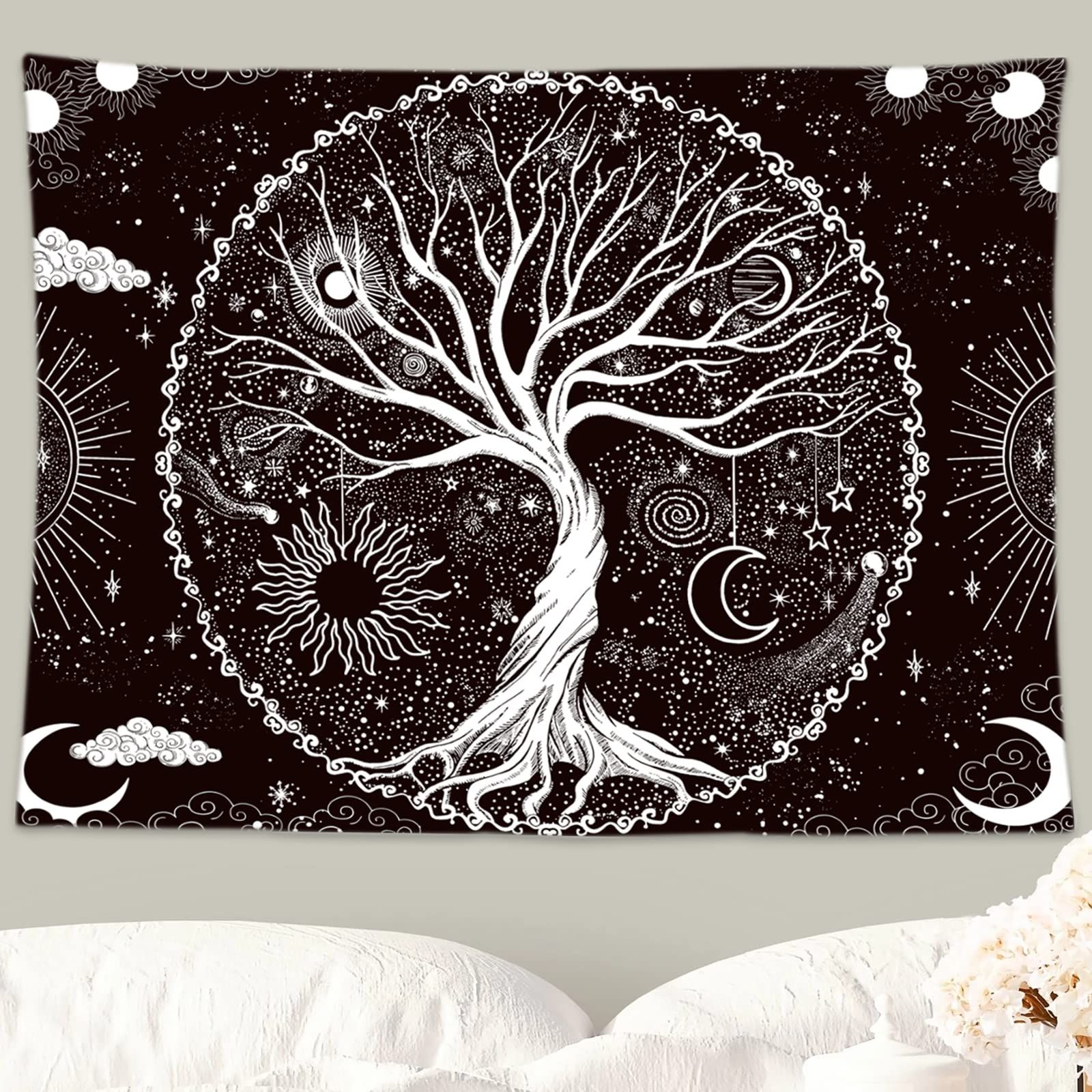 Tree of Life Tapestry,Black and White Galaxy Space Tapestries Aesthetic view 4