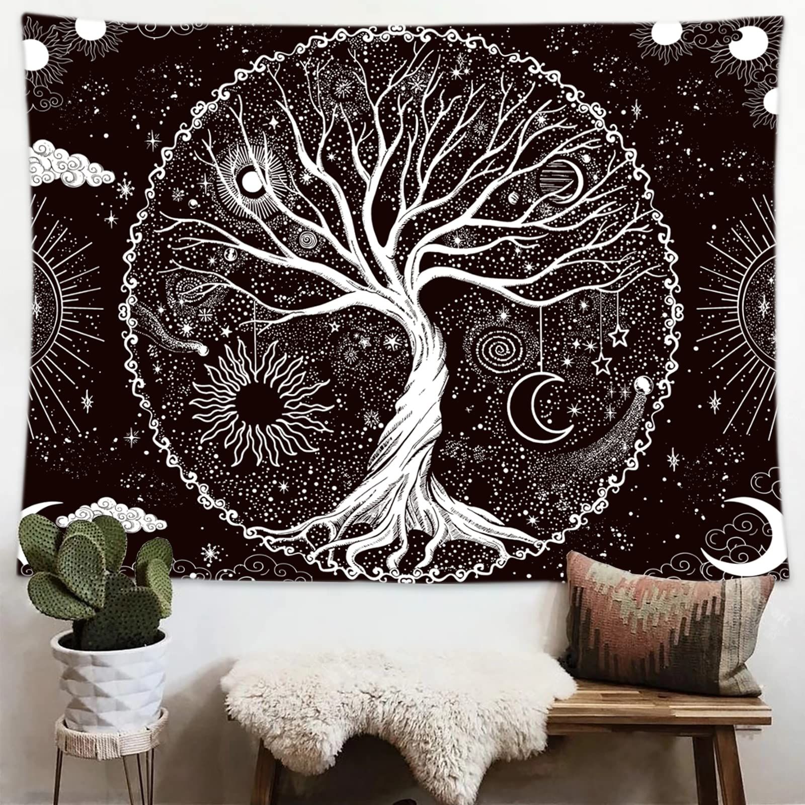 Tree of Life Tapestry,Black and White Galaxy Space Tapestries Aesthetic view 5