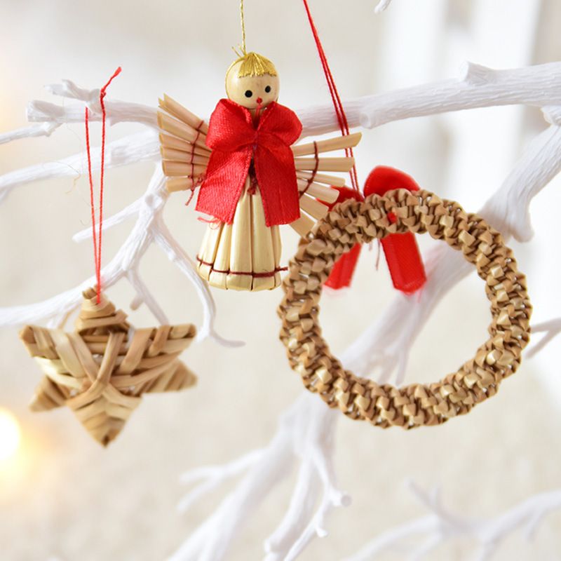 Natural Wheat Straw Pentagram Angel Doll Wreath Christmas Tree Hanging Pendants view 2