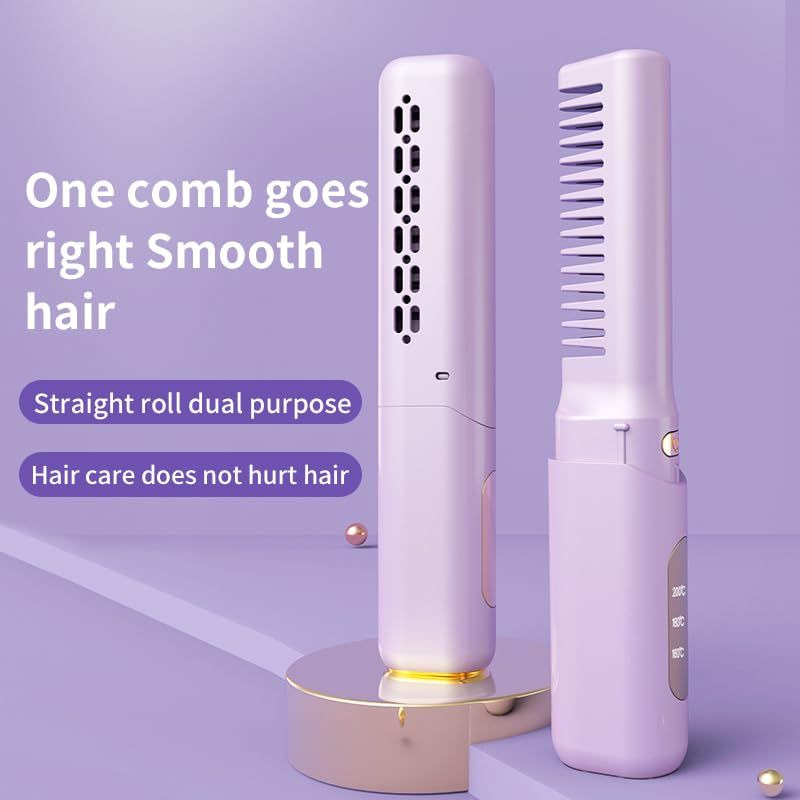 2pc Rechargeable Mini Hair Straightener Cordless Heating Comb Iron LCD Display view 3