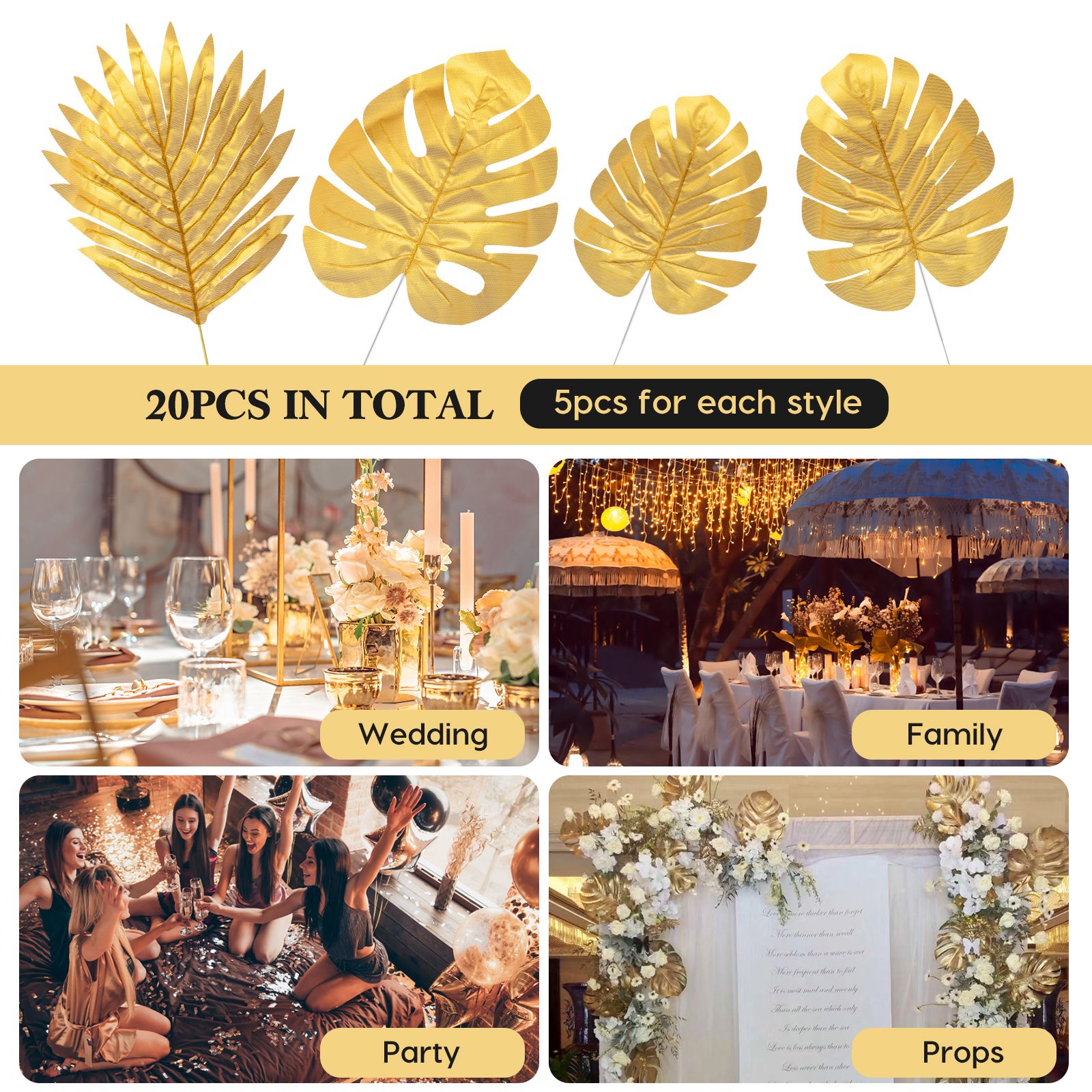 20pcs Artificial Plants Palm Leaves Plastic Gold Tropical Party Leaves view 2