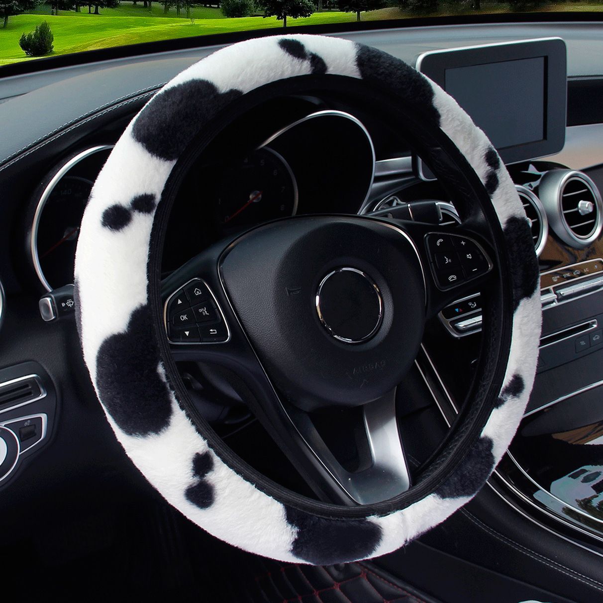 Cow Print Plush Steering Wheel Cover Fluffy Winter Warm Universal Winter view 2
