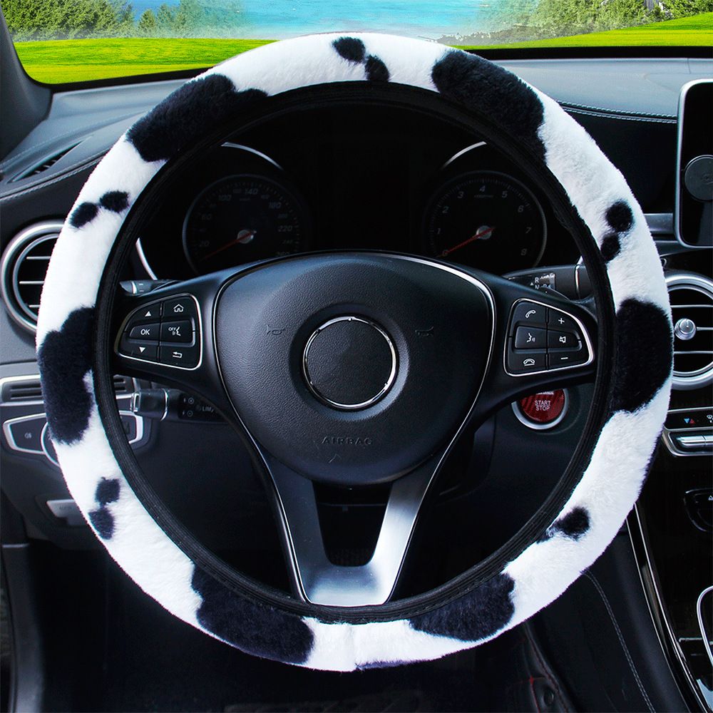 Cow Print Plush Steering Wheel Cover Fluffy Winter Warm Universal Winter view 3