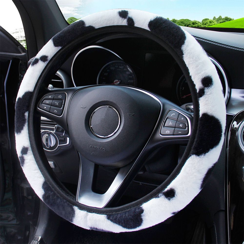 Cow Print Plush Steering Wheel Cover Fluffy Winter Warm Universal Winter view 4