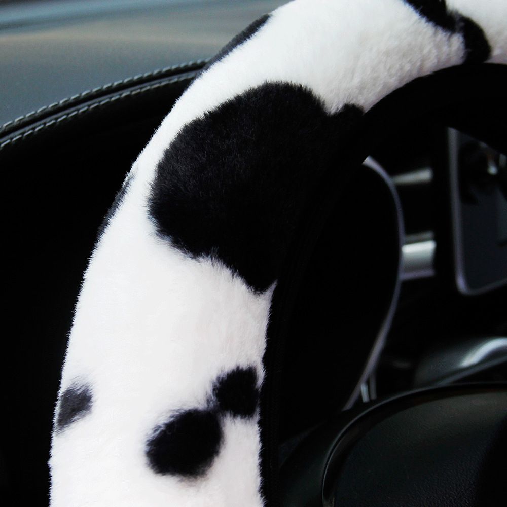 Cow Print Plush Steering Wheel Cover Fluffy Winter Warm Universal Winter view 5