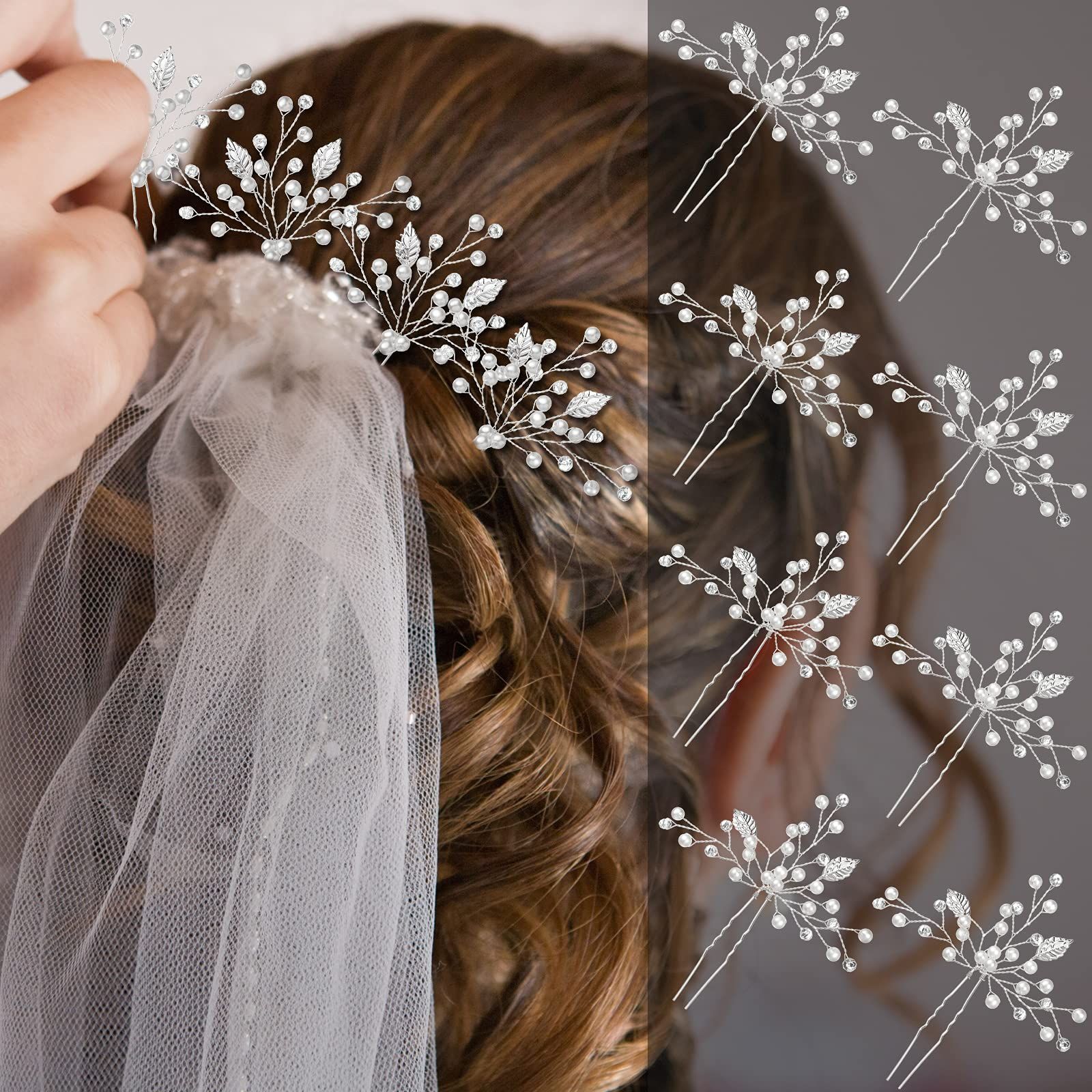 8 Pieces Bride Wedding Pearls Hair Pins Rhinestone Bridesmaid Hair Pieces view 2