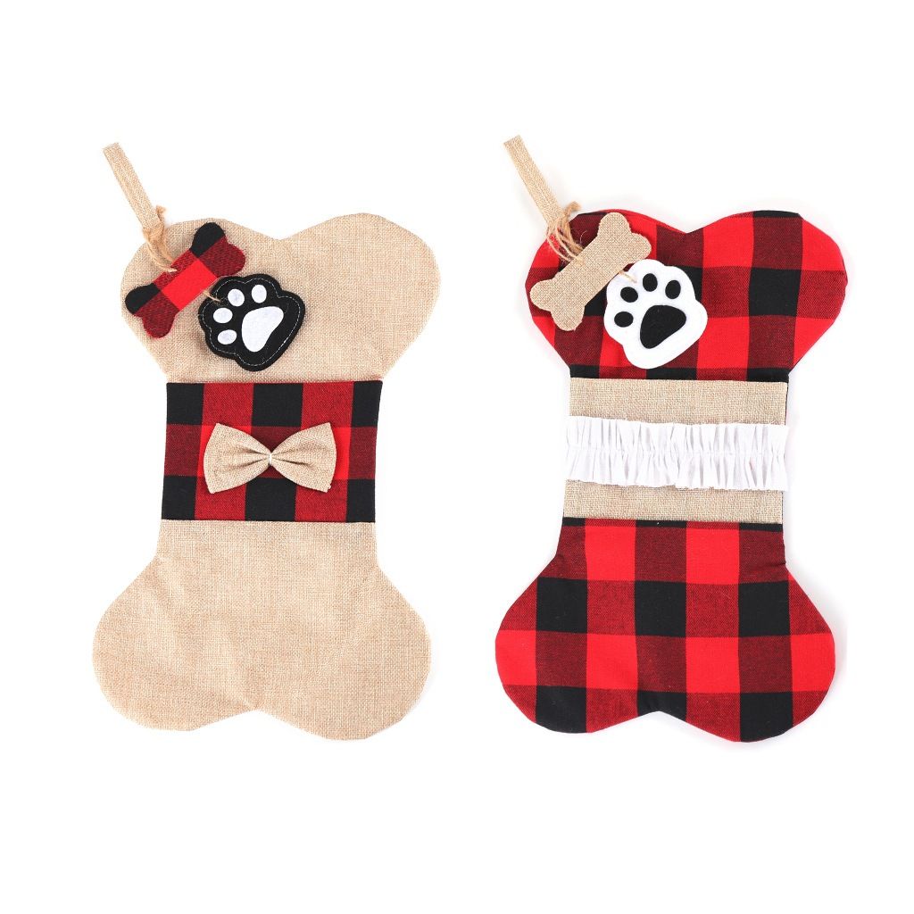 Christmas Plaid Pet Stocking - Cute Buffalo Plaid Doggy Bone Paw Stockings for