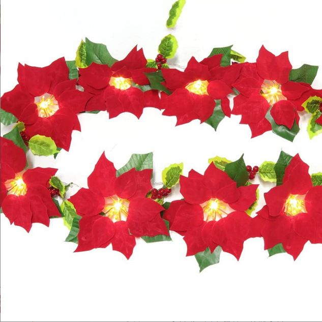 String Lights Lighted Poinsettia Garland Red Poinsettia Light Xmas Flower view 7