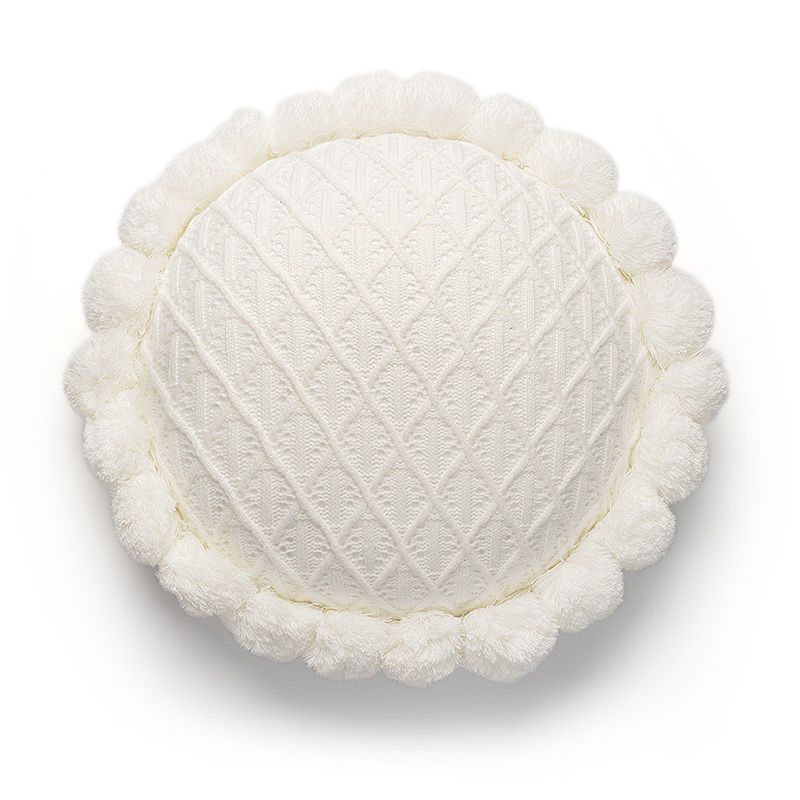 Knitted Throw Pillow Round Couch Pillow Sofa Cute Cushion Handmade Pompoms