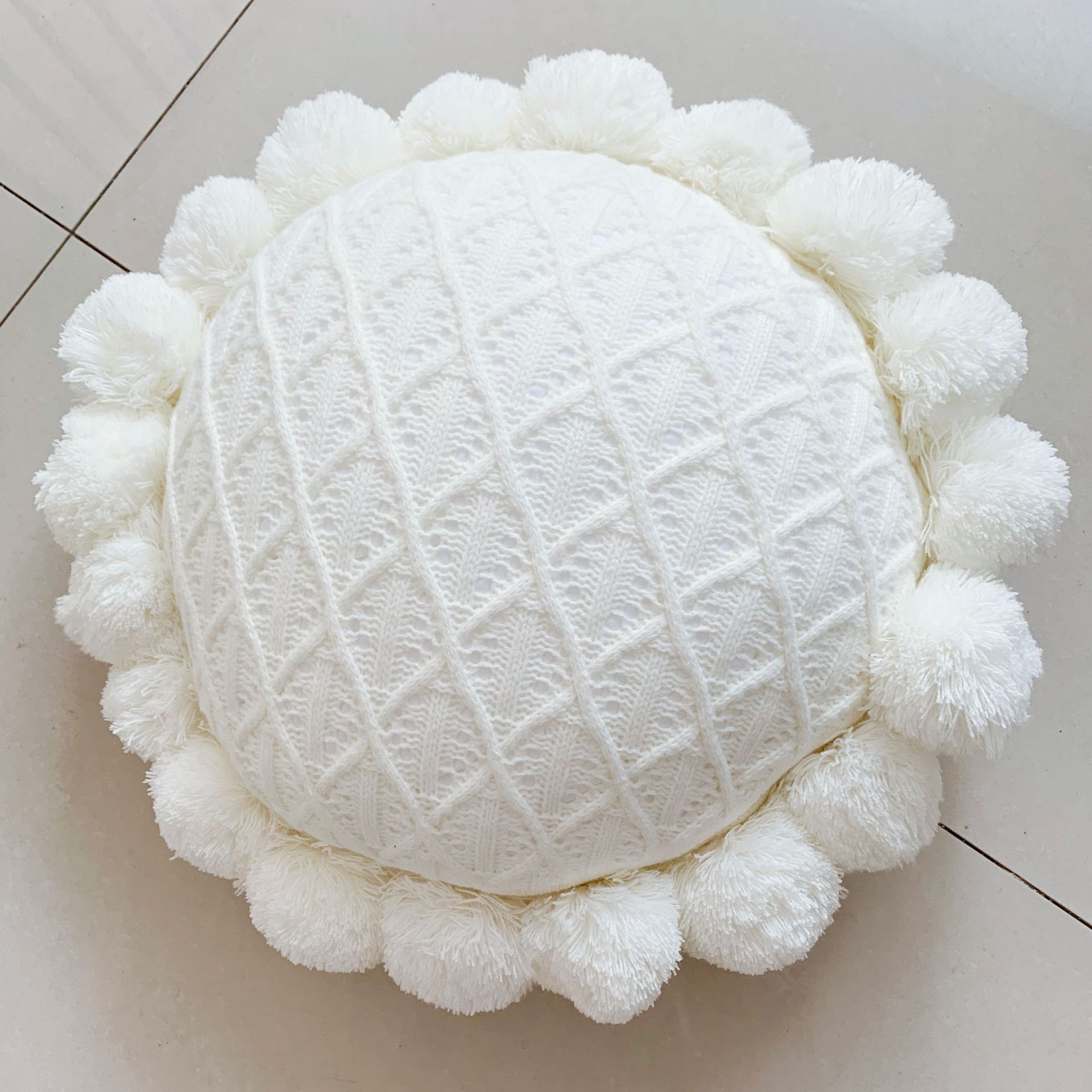 Knitted Throw Pillow Round Couch Pillow Sofa Cute Cushion Handmade Pompoms view 6