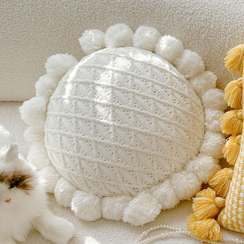 Knitted Throw Pillow Round Couch Pillow Sofa Cute Cushion Handmade Pompoms view 8