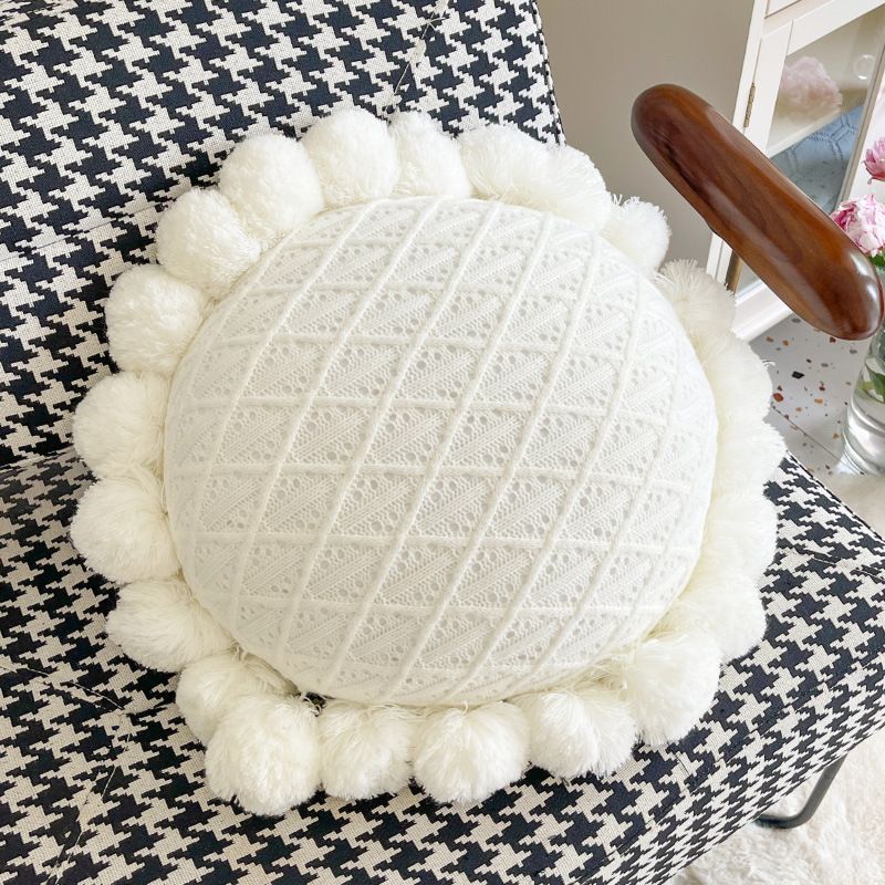 Knitted Throw Pillow Round Couch Pillow Sofa Cute Cushion Handmade Pompoms view 10