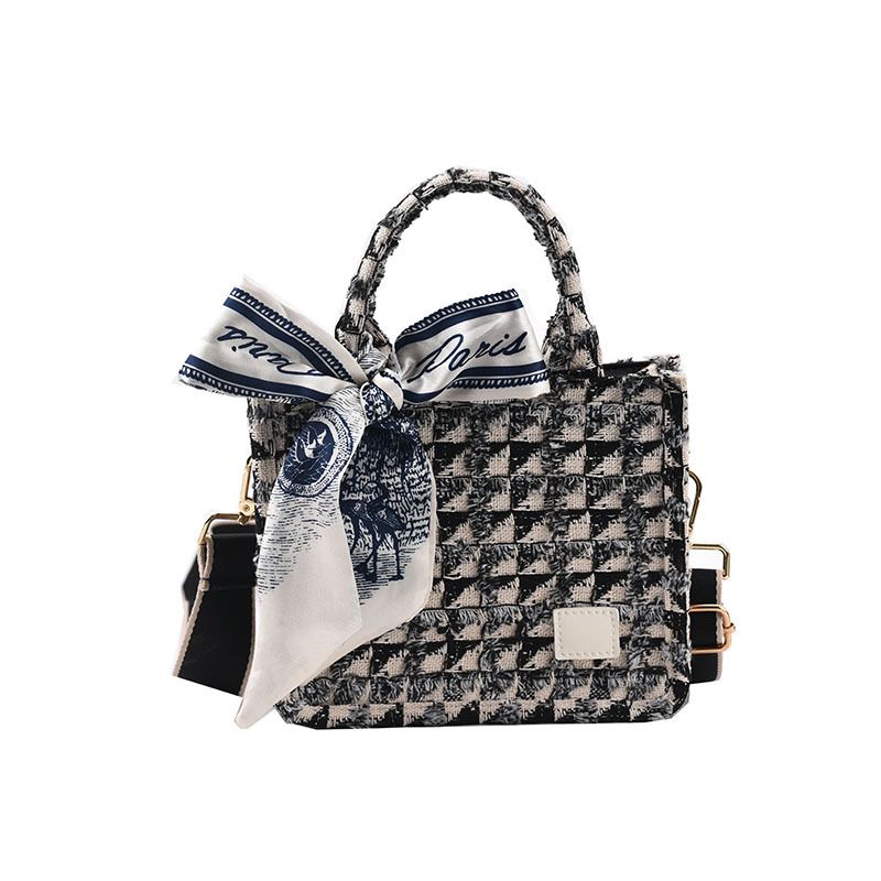 Tote Bag, Denim Fabric Soft Handbag Underarm Bag, Tassels Checkerboard