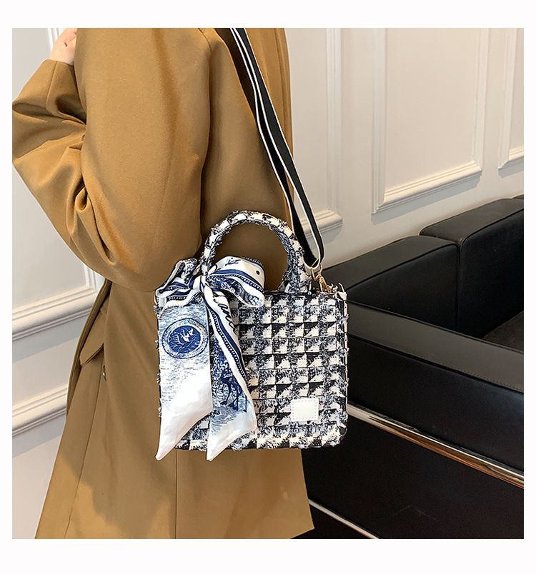 Tote Bag, Denim Fabric Soft Handbag Underarm Bag, Tassels Checkerboard view 7