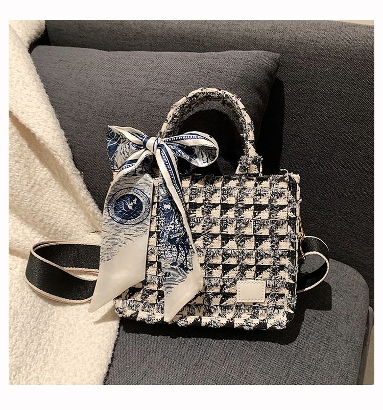 Tote Bag, Denim Fabric Soft Handbag Underarm Bag, Tassels Checkerboard view 10