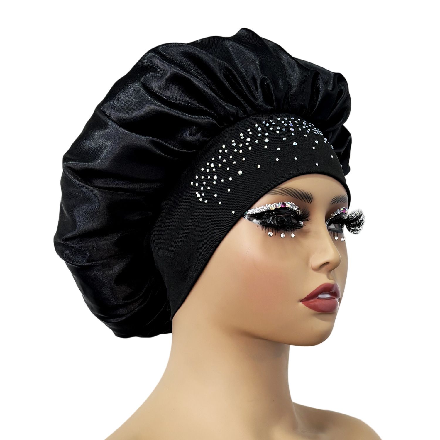 Hair Bonnet Glittering Pearls and Rhinestones Satin Bonnet Wide Band Sleeping view 4