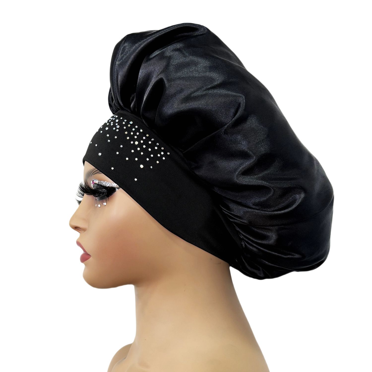 Hair Bonnet Glittering Pearls and Rhinestones Satin Bonnet Wide Band Sleeping view 5