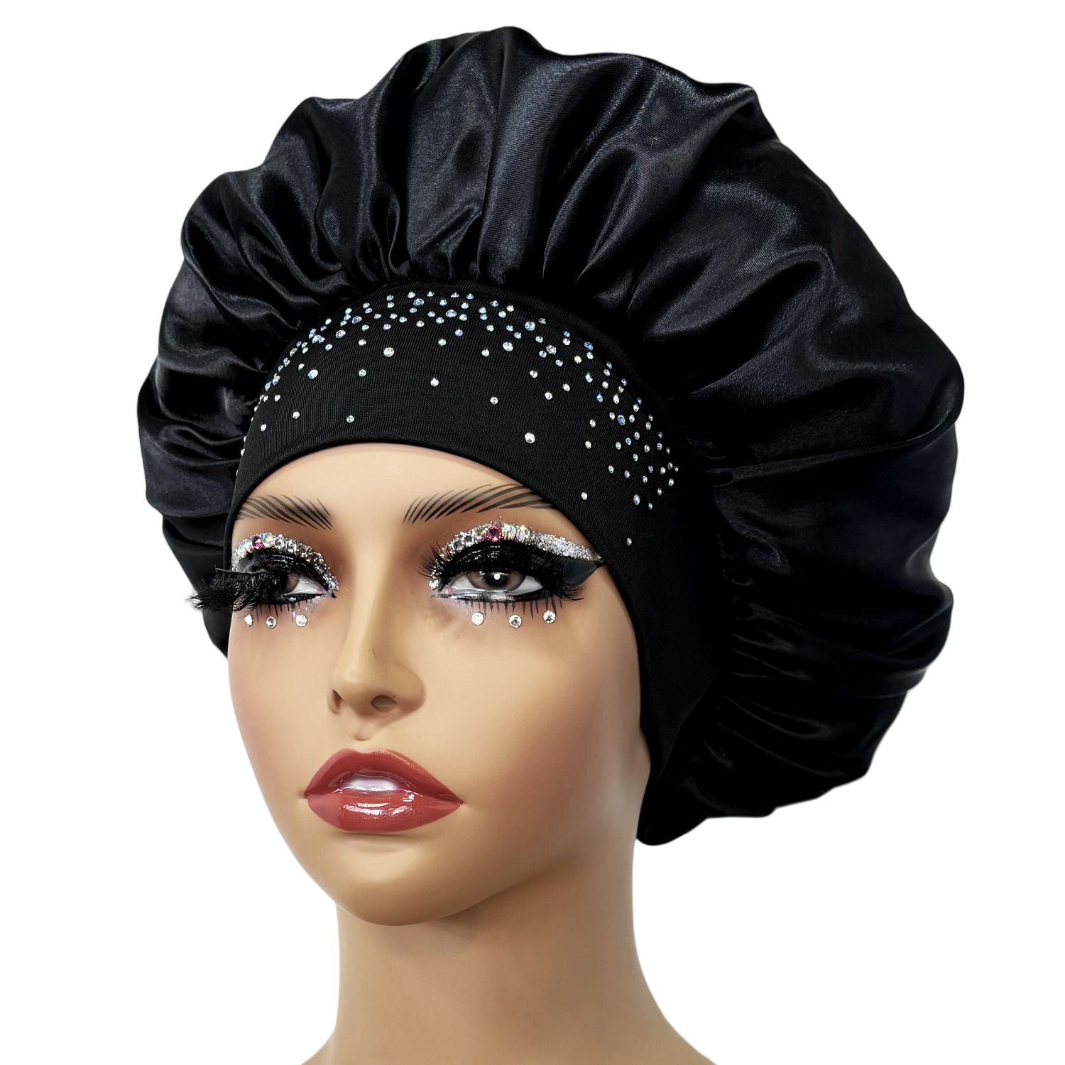 Hair Bonnet Glittering Pearls and Rhinestones Satin Bonnet Wide Band Sleeping view 10