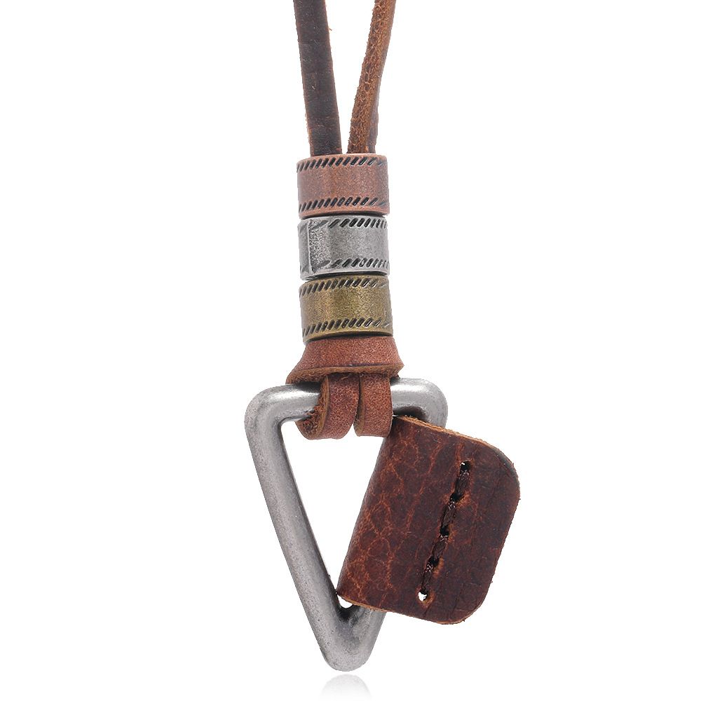 Leather Necklace for Men Double Circle Rings Leather Rope Pendant Necklace view 2