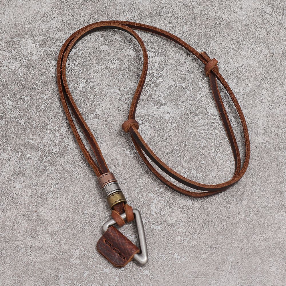 Leather Necklace for Men Double Circle Rings Leather Rope Pendant Necklace view 3