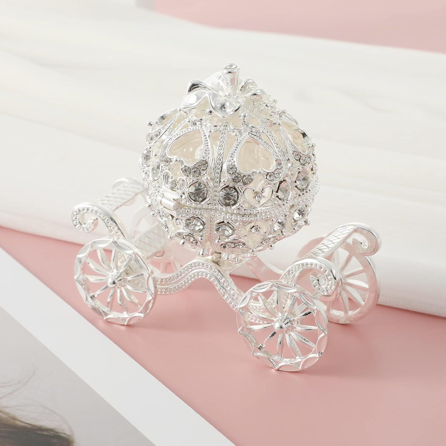 Rhinestone Trinket Box, Silver Pumpkin Carriage Trinket Box Princess Crystal view 6