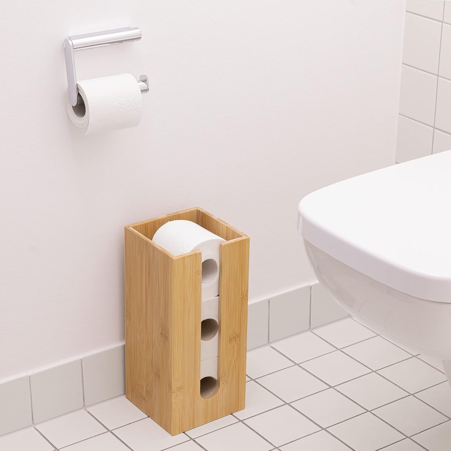 Bamboo Toilet Paper Storage - Narrow Free Standing Toilet Paper Holder Tower view 4