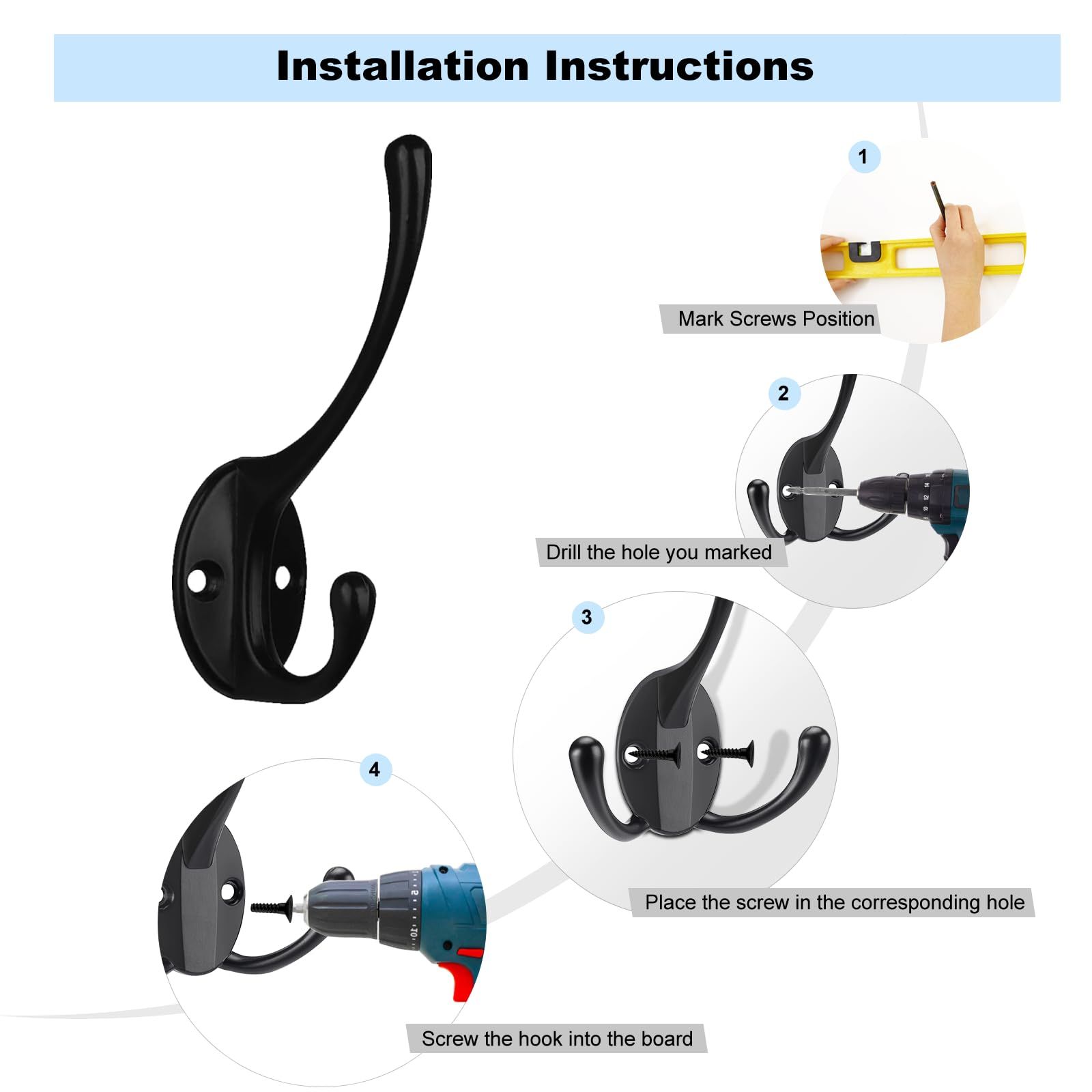 4Pcs Coat Hooks Wall Hooks for Hanging Heavy Duty view 3