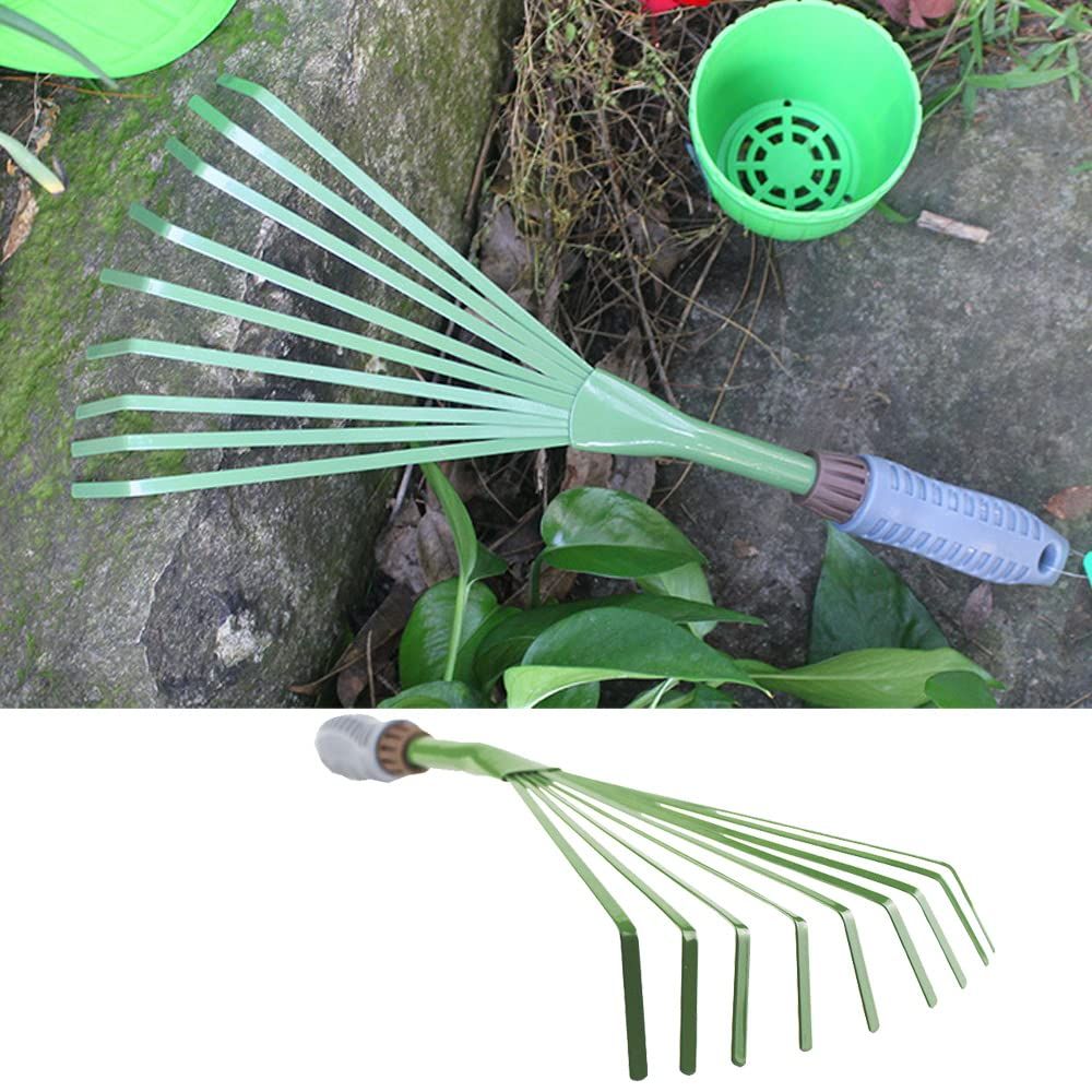 Mini Garden Rake 15.4 Inch 9 Root Iron Hand Fan Leaf Rake Handle Heavy Duty view 5