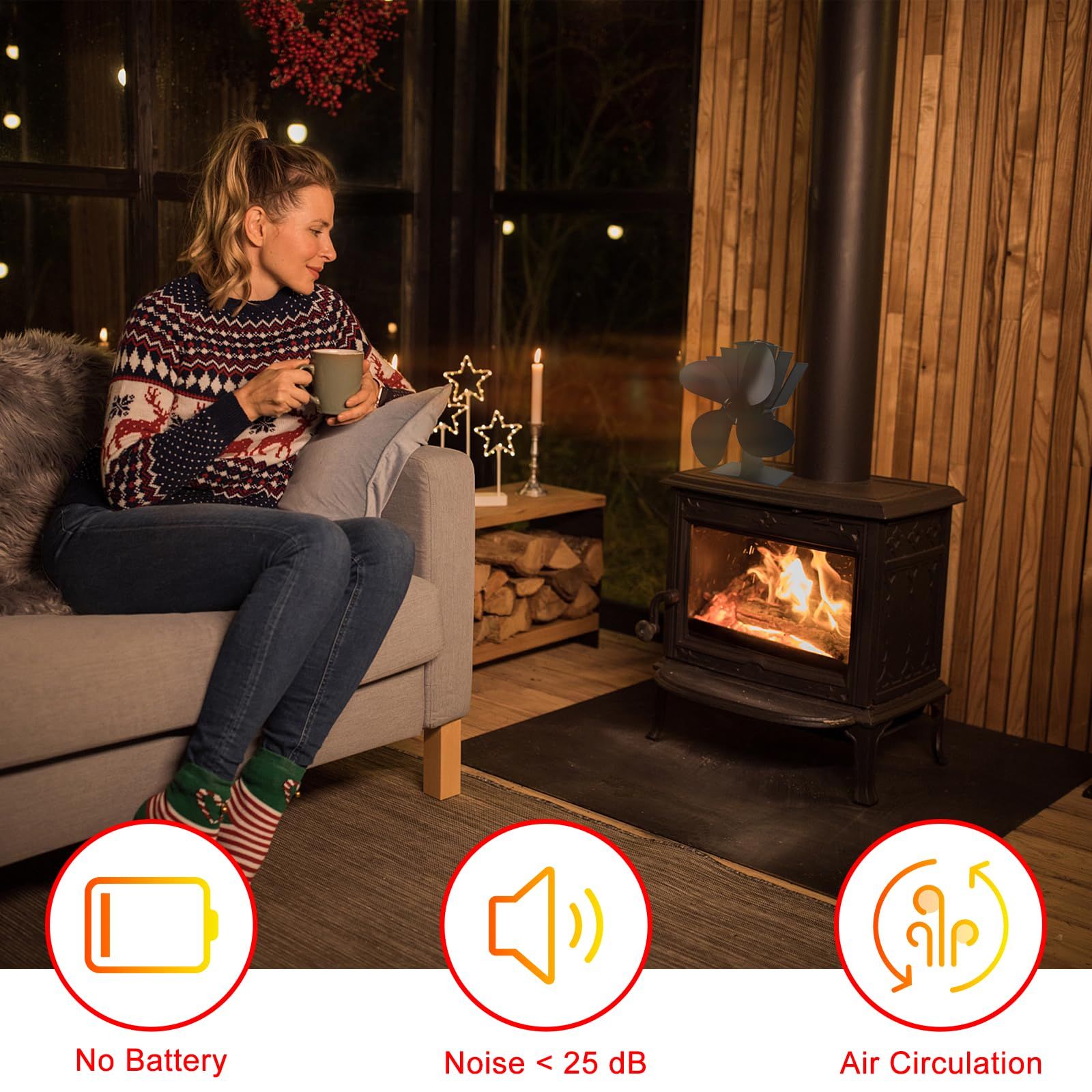Stove Fan 4-Blade Upgrade Heat Powered Fireplace Fan for Fireplace Wood view 2