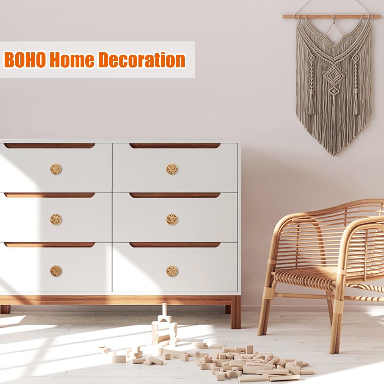 6 Pack Durable Beech Wood Drawer Knobs Handmade Wicker Woven Pulls with 12 view 4