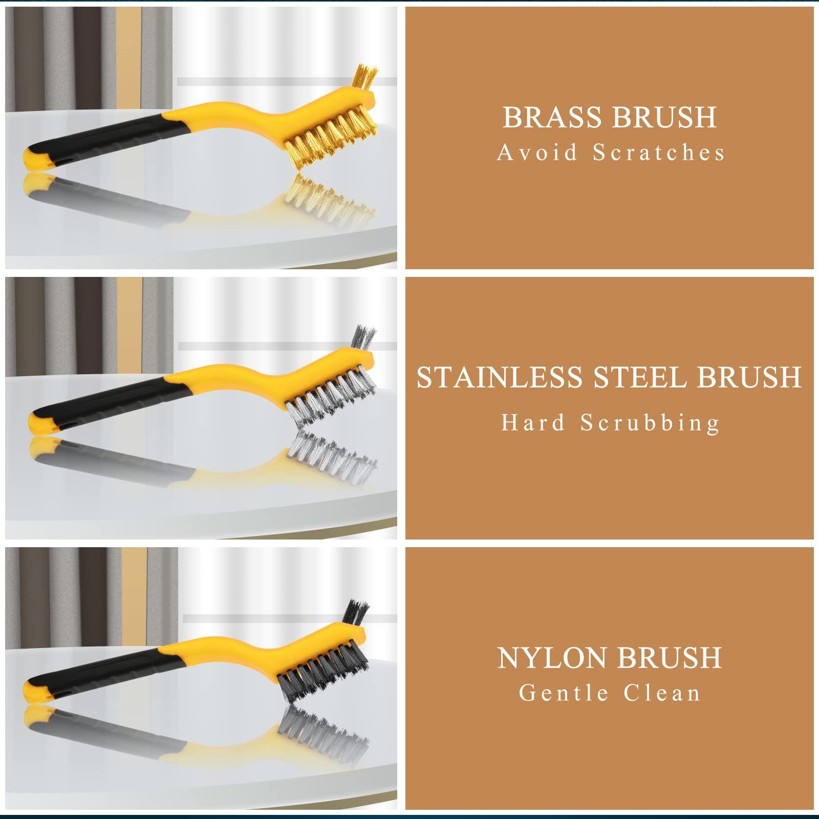 Wire Brush Set, 3 Pcs Stainless Steel/Brass/Nylon Wire Brushes for Cleaning view 2