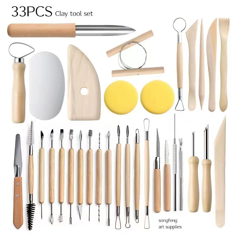Set of 33 Clay Sculpting Tools Wooden Handle Pottery Carving Tool Kit Double view 2