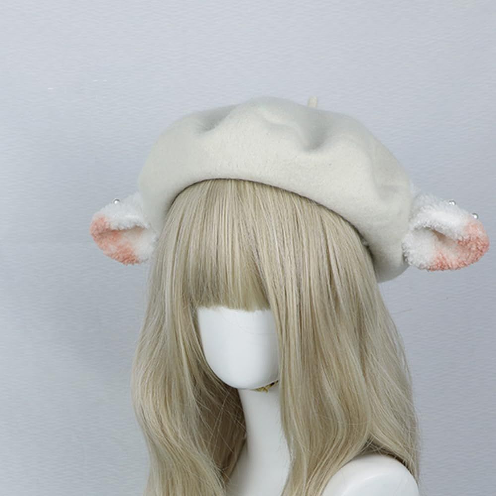 Cute Lamb Ears Hat Girls Wool Beret Sheep Beret Cap Female Artist Hat Casual view 2