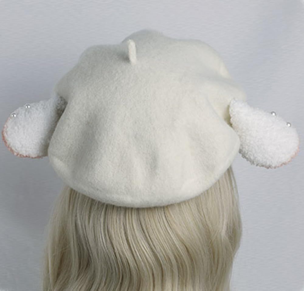 Cute Lamb Ears Hat Girls Wool Beret Sheep Beret Cap Female Artist Hat Casual view 5