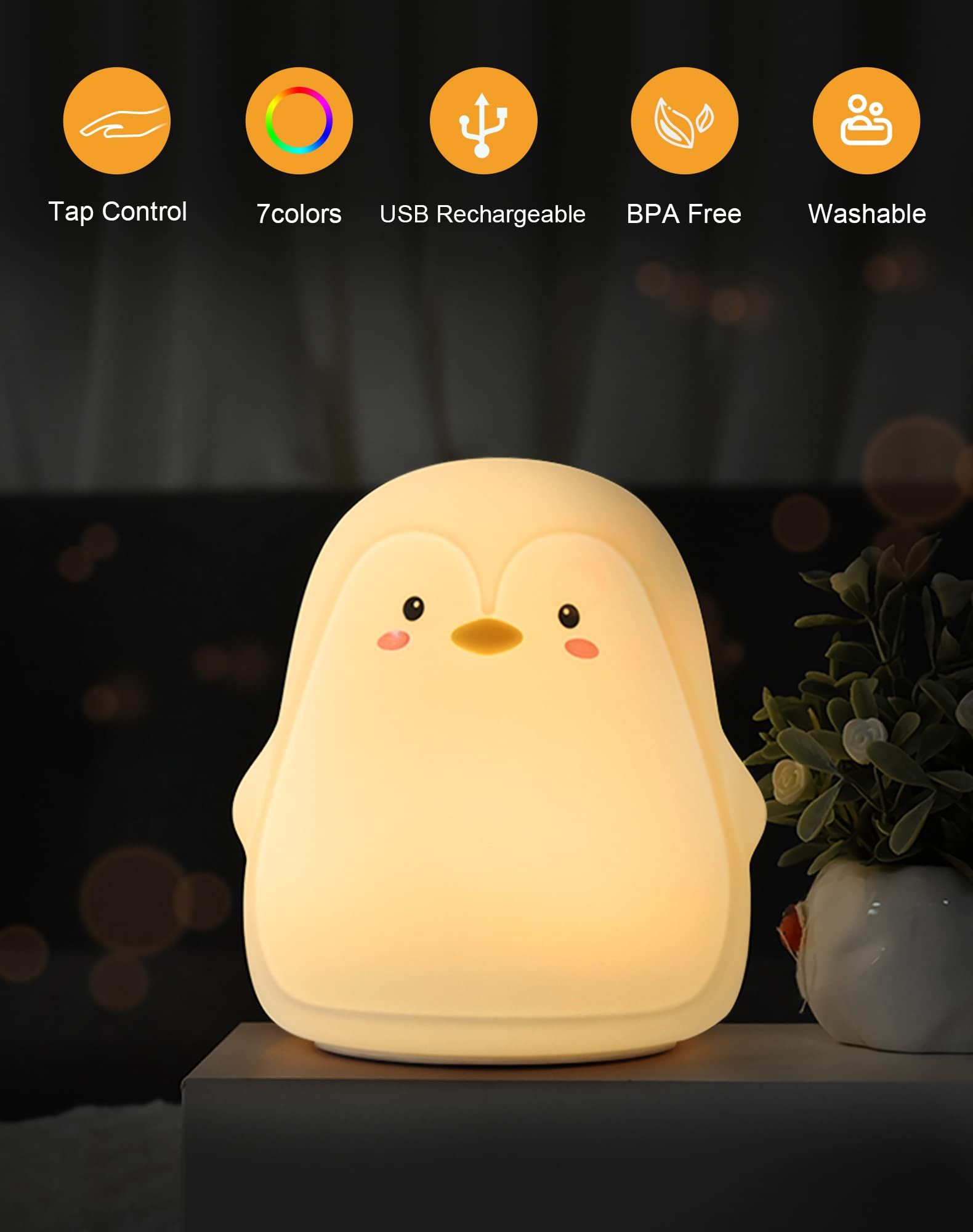 Penguin Night Light,Rechargeable Silicone Night Light for Kids, Multicolor view 5