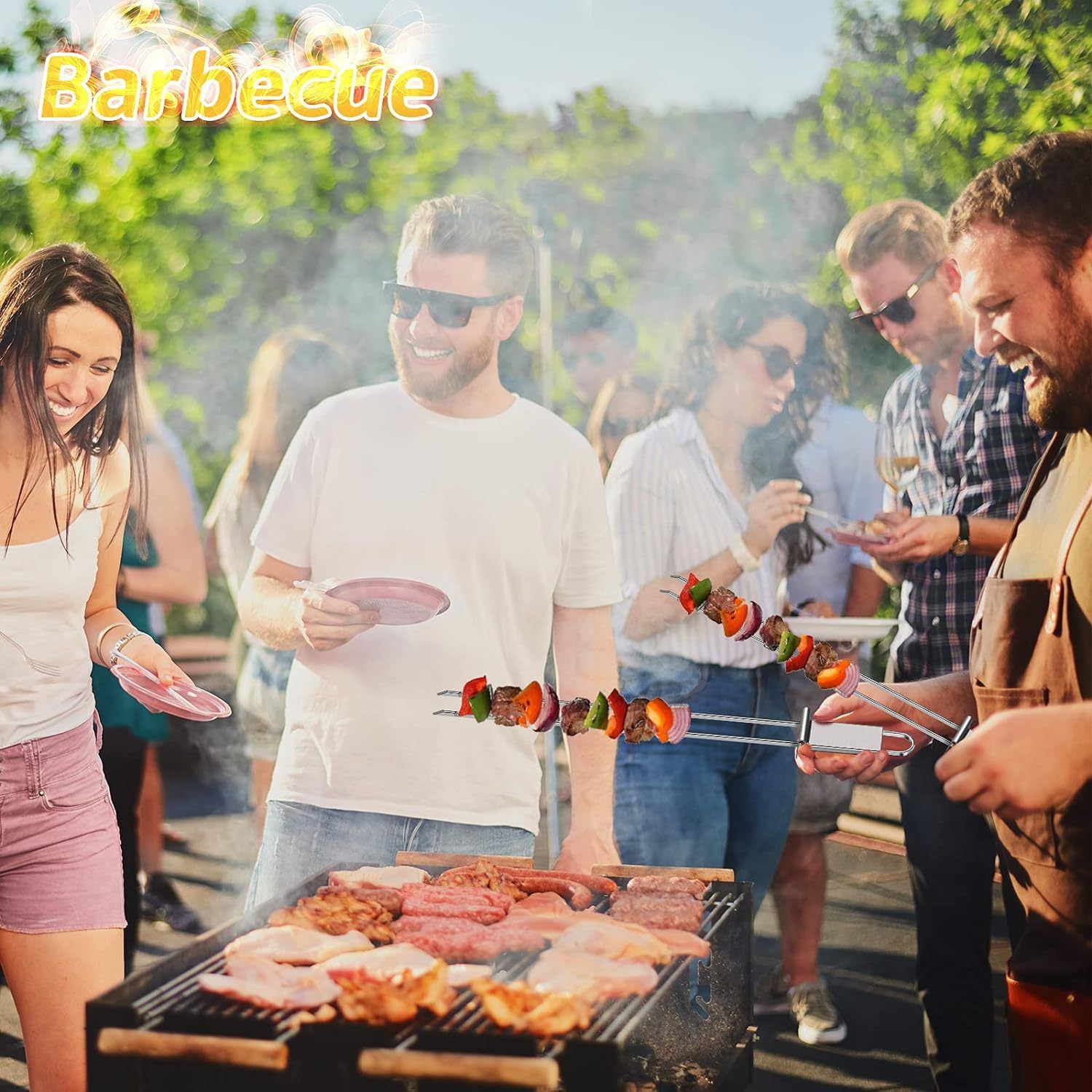 Skewer for Grilling, Metal Stainless Steel BBQ Stick with Push Bar, Double view 3